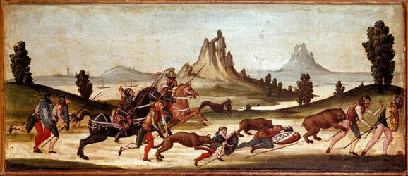 Jagdtierszene. Jäger werden von Tieren gebissen. Gemälde der sienesischen Schule. 15. Jahrhundert, Florenz, Museo Nazionale del Bargello