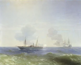 Kampf des Dampfschiffs Vesta mit dem türkischen Panzerschiff Fehti-Bulend im Schwarzen Meer am 11. Juli 1877