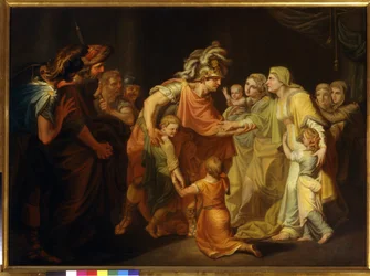 Der russische Prinz Sviatoslav I. trifft seine Familie in Kiew nach dem Feldzug an der Donau 967