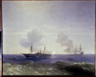 Russisch-Türkischer Krieg von 1877-1878: Seeschlacht zwischen dem russischen Kreuzer Vesta und dem türkischen Panzerschiff Fethi Bulend im Schwarzen Meer am 11. Juli 1877