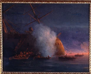 Russisch-Türkischer Krieg von 1877-1878: Angriff russischer Segelschiffe auf das türkische Panzerschiff Assari Shevket im Schwarzen Meer am 12. August 1877