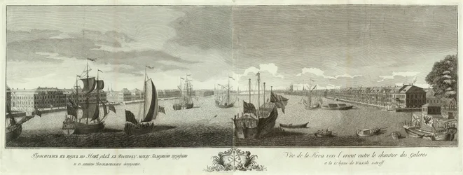 Blick auf den Fluss Newa zwischen dem Galley Yard und der Wassiljewski-Insel Buch zum 50. Jubiläum von St. Petersburg, 1753