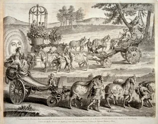 Der Wagen des Apollon - Aus dem Album "Masque royal" (Mascara real) - Kupferstich von A. J. De Fehrt (Defehrt) (1723-1774)