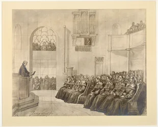 Diakonissen-Kirche, Pastor Fliedner predigt den Diakonissen in der Kapelle in Kaiserswerth, 1840