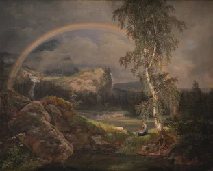 Norwegische Landschaft mit einem Regenbogen