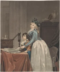 Porträt von Louise Sébastienne Gély mit Stiefsohn hinter einem Optikspiegel