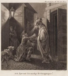 Abracadabra. Ach, verschone mein gnädiges Leben, Herr Wiedergänger! Gravur nach Lorentzens Holberg Galerie.