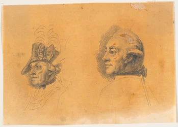 Vorarbeit zu zwei der Köpfe für den Stich: Friedrich der Große reitet nach einer Revue in Potsdam nach Hause