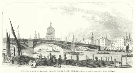 London, von Bankside, unterhalb der Southwark-Brücke (Gravur)