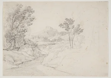 Landschaftsstudie mit Gebäuden am Wasserlauf. Italien