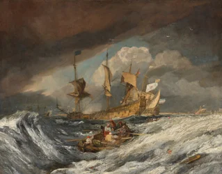 Boote, die Anker zu den niederländischen Kriegsschiffen bringen, ca. 1804