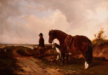 Ein Schäfer mit Pony und Wolfshund