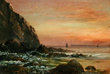 Meereslandschaft mit Klippe bei Sonnenuntergang