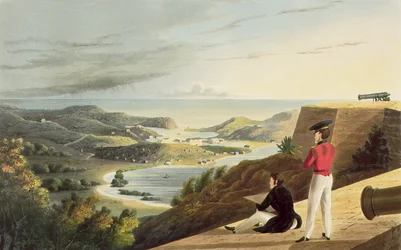 Ansicht des englischen Hafens, Antigua vom Great George Fort, Monks Hill, graviert von T. Fielding, veröffentlicht von T. und G. Underwood, 1827