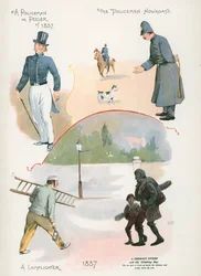 Polizist oder Peeler von 1837, Polizist heutzutage, Laternenanzünder, Schornsteinfeger