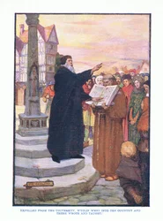 Aus der Universität vertrieben, ging Wyclif aufs Land und schrieb und lehrte dort, aus Englische Literatur, veröffentlicht von T C & EC Jack, ca. 1920