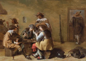Das Innere eines Wachraums mit Kavaliere, die Karten spielen