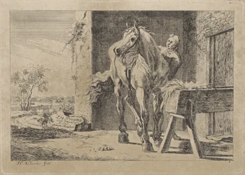 Figur mit einem Pferd bei einer Futterkrippe (Sechs Drucke nach Zeichnungen verschiedener Meister)