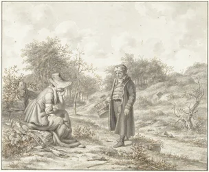 Hügelige Landschaft mit sitzender Frau und stehendem Mann mit Korb