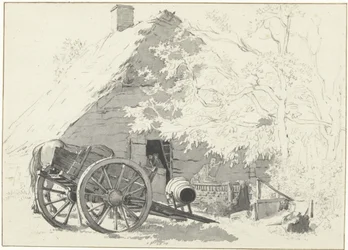 Milchwagen mit Pferd vor einem Bauernhof