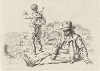 Sitzender und stehender Mann an einem Strand (Serientitel: Studien-Druckwerk)