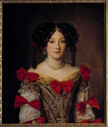 Flämische Mode des 17. Jahrhunderts: „Porträt einer Frau“. Ein junges Mädchen in einem Brokatkleid und mit englischen Locken. Sie trägt Ohrringe und eine Perlenkette. (1639-1700) 17. Jahrhundert. Maße: 0,76 x 0,64 m. Paris, Musée