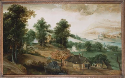 Eine weite Landschaft mit Hütten im Vordergrund, 1561