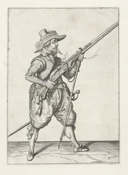 Musketier, der seine Furket darunter platziert, um 1600