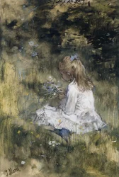 Ein Mädchen mit Blumen auf dem Gras