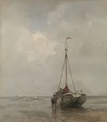 Fischerboot mit breitem Bug am Strand von Scheveningen