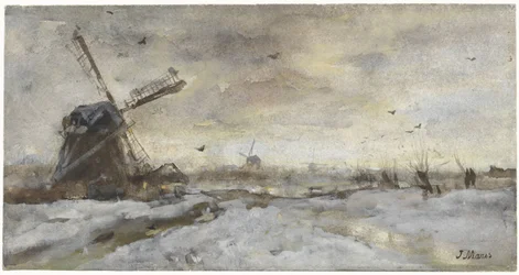 Landschaft mit Mühle im Schnee