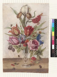 Venezianisches Glas mit Tulpen, Rosen, Anemonen, Enzian, Schachblume, Schwertlilie, Lilie, Maikäfer, Maifliege, Maiglöckchen und Primel