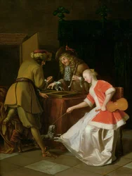 Tric-Trac-Spieler mit einer Dame und ihrem Hund