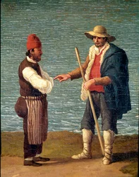 Ein Hirte und ein Kaufmann im Hafen von Monopoli, Apulien, Italien