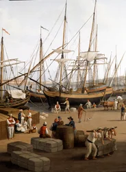 Ansicht des Hafens von Messina (Messina) in Sizilien Hafenarbeiter im Hafen beim Entladen der Waren