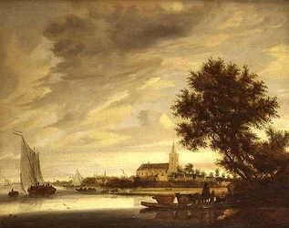 Eine Flusslandschaft mit einer Fähre im Vordergrund