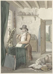 Porträt des Künstlers Jacob Smies in einem Atelier mit Kunstgegenständen