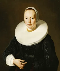 Halbfiguriges Porträt einer Dame in einem schwarzen Kleid mit appliziertem Brustlatz und Mühlsteinkrause