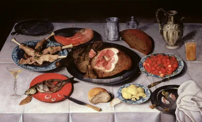 Frühstücksstillleben mit Fisch, Schinken und Kirschen, 1614