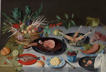 Stillleben mit Fleisch, Fisch, Gemüse und Obst