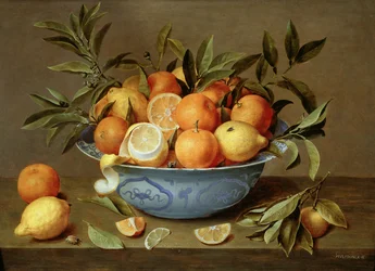 Stillleben mit Orangen und Zitronen in einer Wanli-Porzellanschale