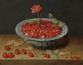 Wilde Erdbeeren und eine Nelke in einer Wan-Li-Schale, um 1620