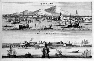 Ansichten der Stadt, des Hafens und der Burg von Batavia - in "Botschaft der Östlichen Gesellschaft der Vereinigten Provinzen an den Kaiser von China oder Großkhan von Tartaria" von Pierre de Goyer und Jacob de Keyser, Leiden