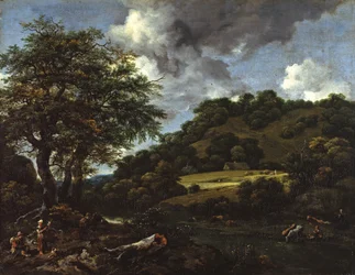 Hügelige Landschaft mit hohen Eichen