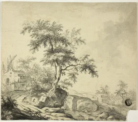 Landschaft mit Baum auf dem Weg zu Gebäuden