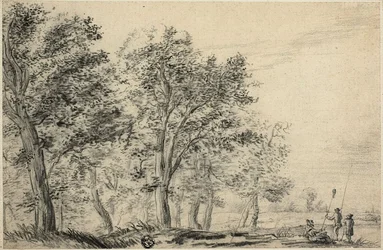 Bewaldete Flusslandschaft mit drei Menschen beim Angeln