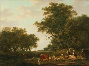 Landschaft mit Bauern, ihrem Vieh und Anglern am Wasser