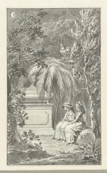 Zwei Damen sitzend bei einem Grabmal