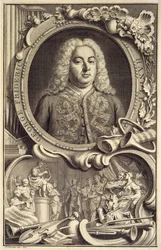 Porträt von G.F. Händel, beschriftet mit dem Titel 
