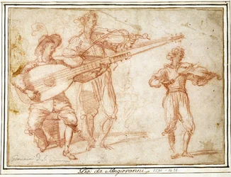 Zwei Musiker spielen Chiatarrone und Violine, mit einer Nebenstudie des zweiten Musikers